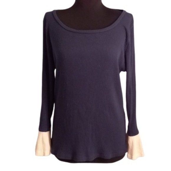 J Crew L Top Blue Tan Ribbed Ruffle Sleeves - Picture 1 of 11